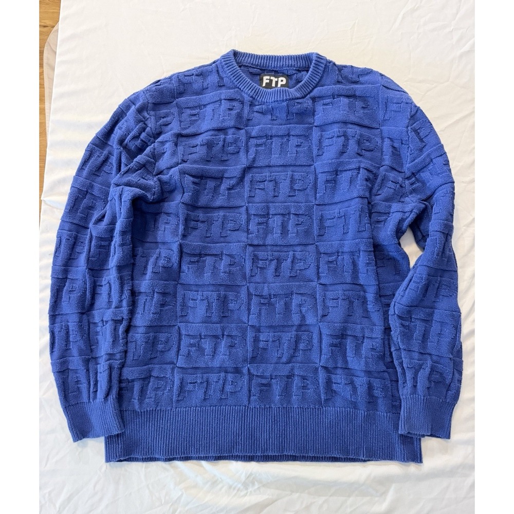 FTP Blue Knit Crewneck Pullover Sweater Logo Pattern Long Sleeve Men's L